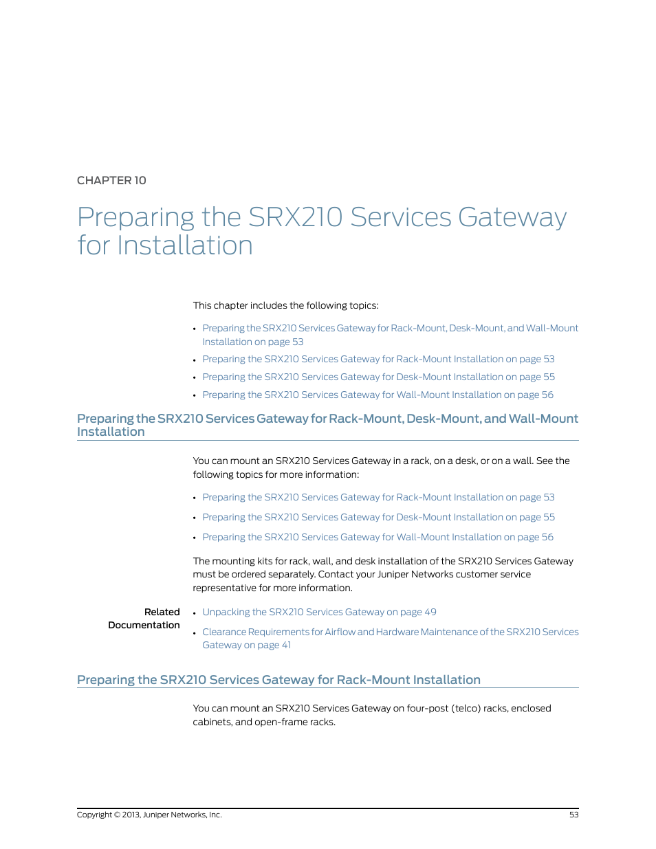 Chapter 10, Wall-mount installation | Juniper Networks SRX 210 User Manual | Page 69 / 176