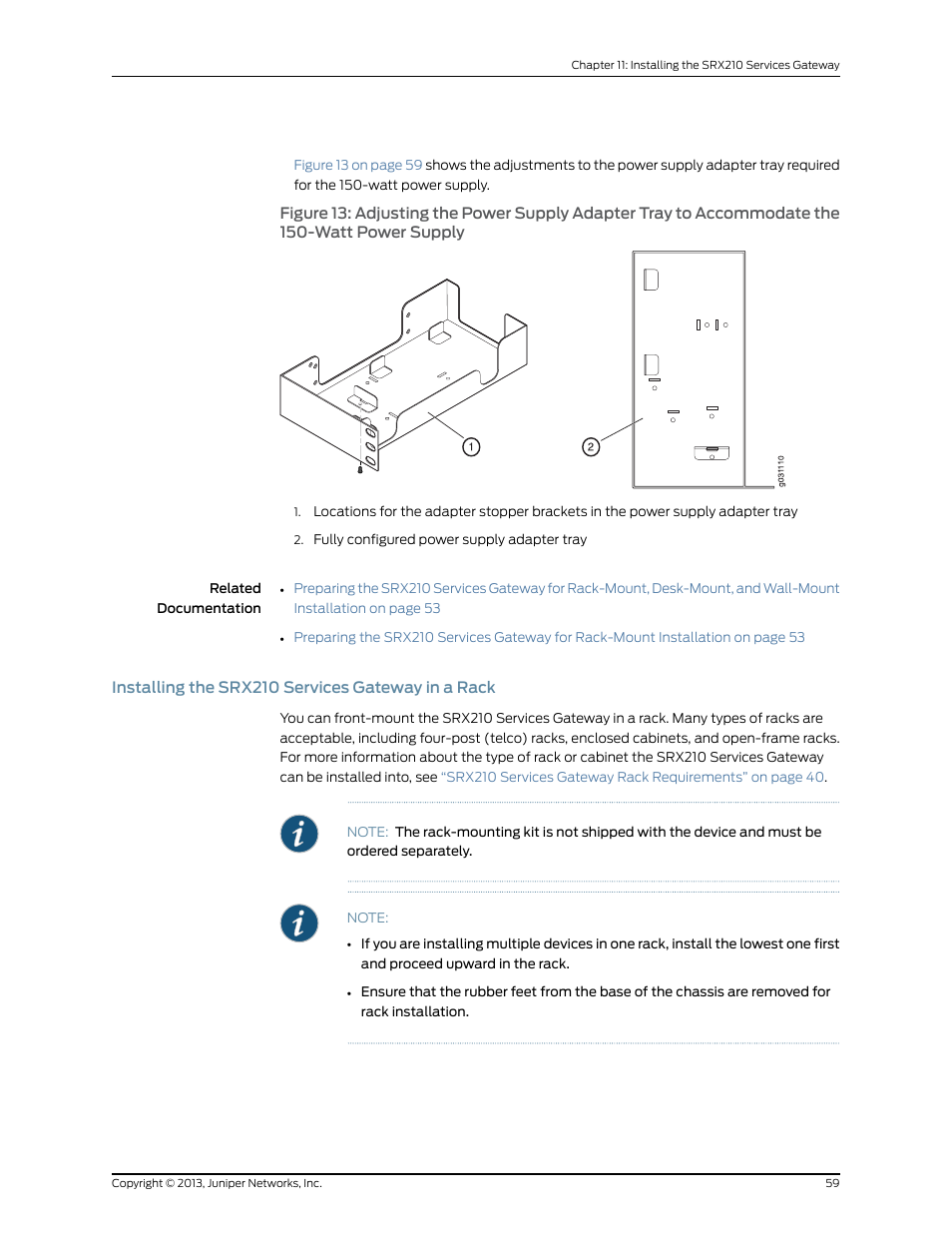 Installing the srx210 services gateway in a rack | Juniper Networks SRX 210 User Manual | Page 75 / 176