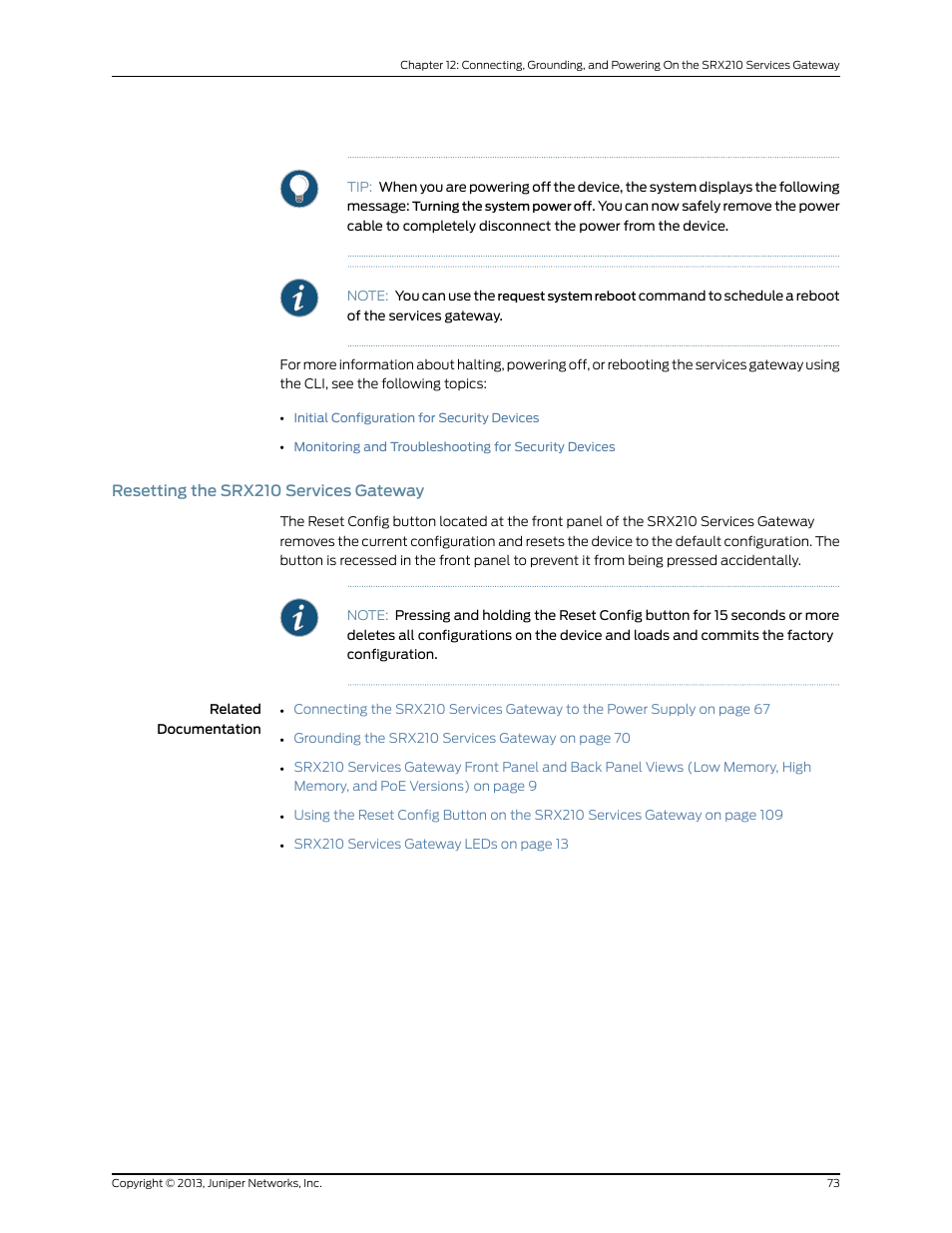 Resetting the srx210 services gateway | Juniper Networks SRX 210 User Manual | Page 89 / 176