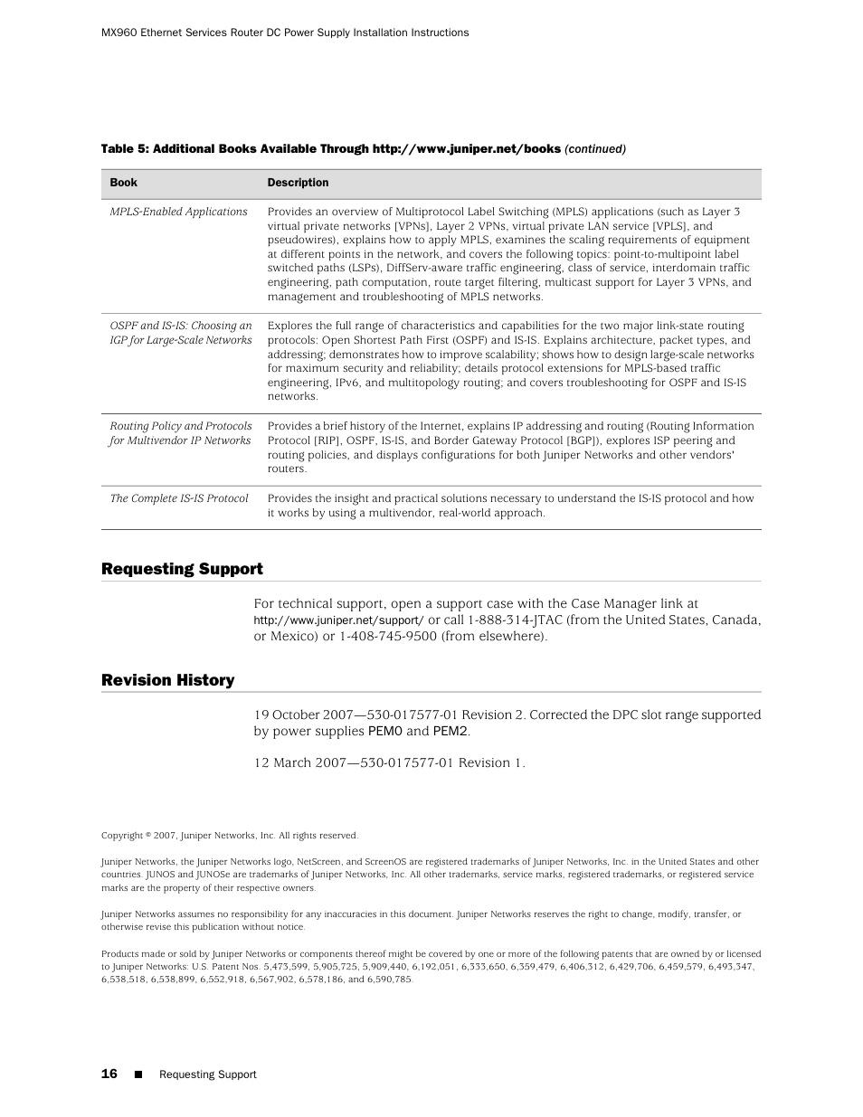 Requesting support, Requesting support revision history, Revision history | Juniper Networks Juniper MX-series MX960 User Manual | Page 16 / 16