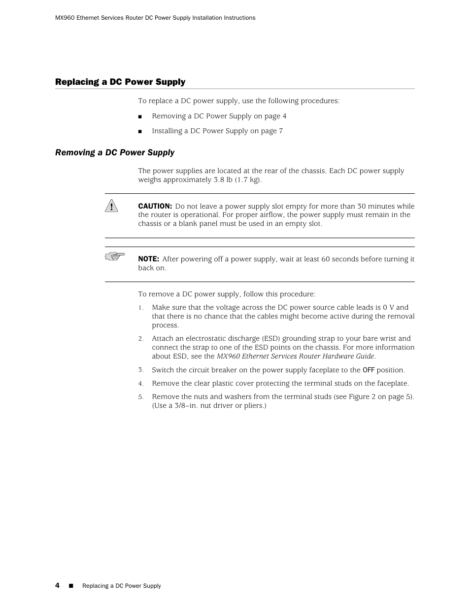 Replacing a dc power supply, Removing a dc power supply | Juniper Networks Juniper MX-series MX960 User Manual | Page 4 / 16