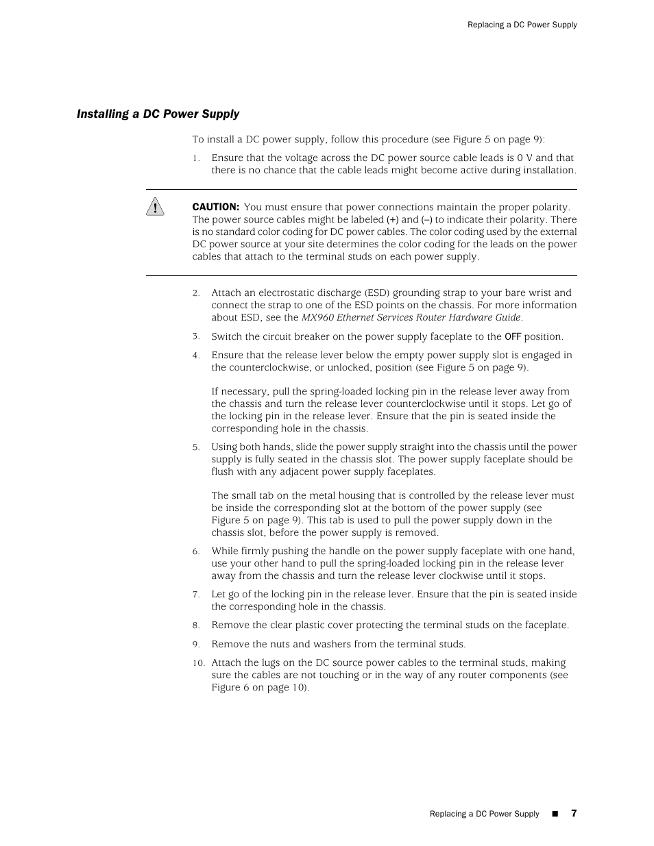 Installing a dc power supply | Juniper Networks Juniper MX-series MX960 User Manual | Page 7 / 16
