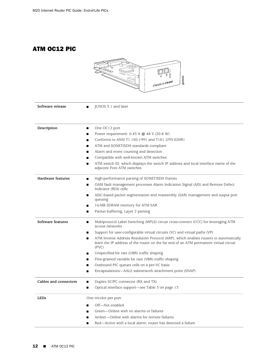 Atm oc12 pic | Juniper Networks M20 User Manual | Page 12 / 34