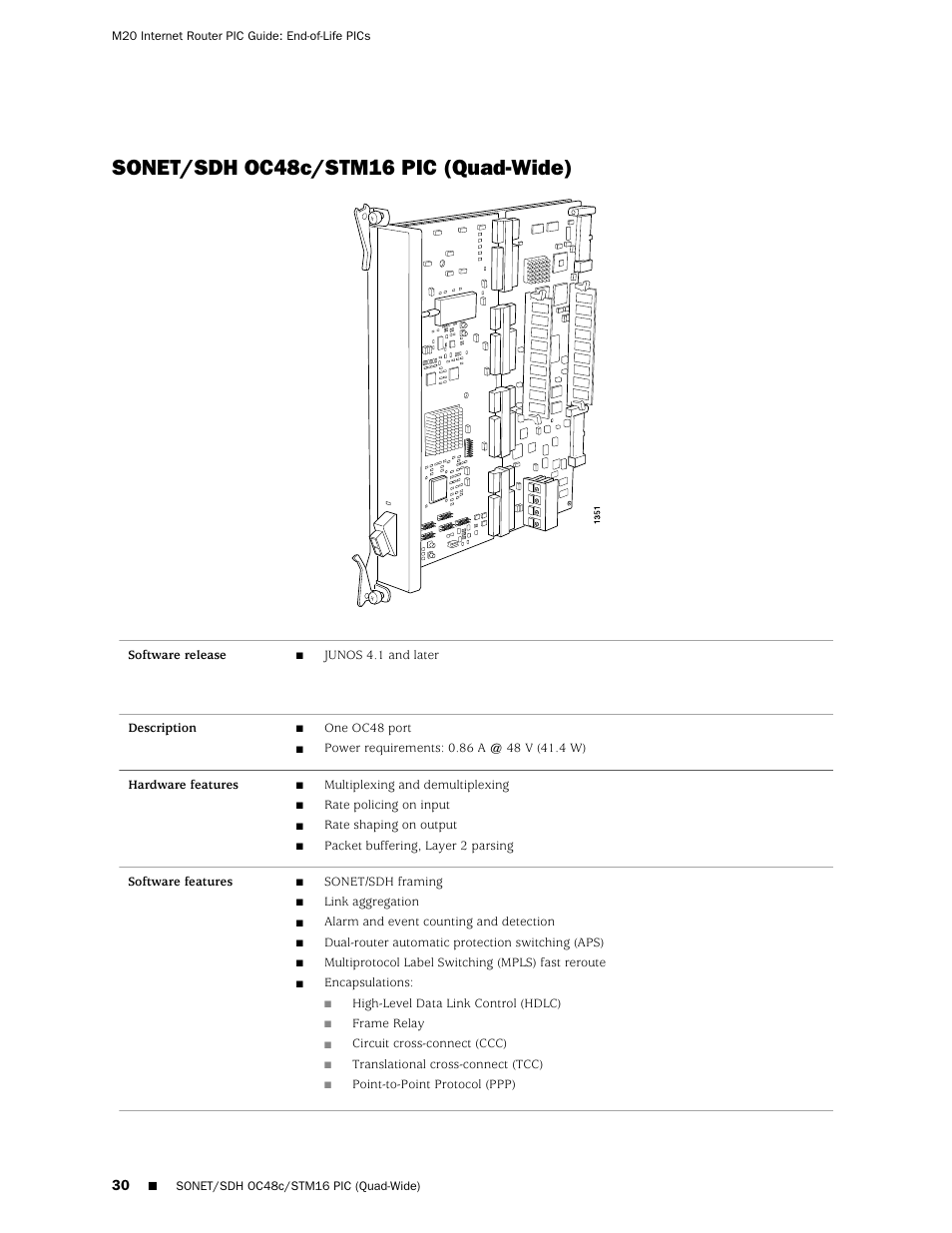 Sonet/sdh oc48c/stm16 pic (quad-wide) | Juniper Networks M20 User Manual | Page 30 / 34