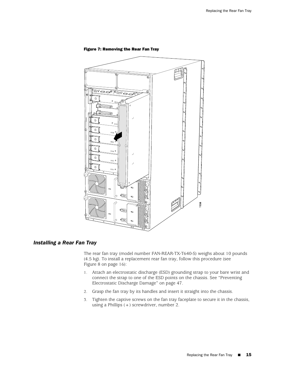 Installing a rear fan tray | Juniper Networks T1600 User Manual | Page 15 / 56