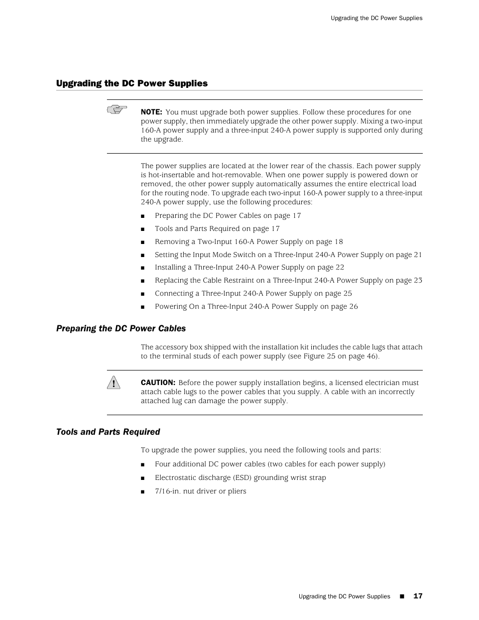 Upgrading the dc power supplies, Preparing the dc power cables, Tools and parts required | Juniper Networks T1600 User Manual | Page 17 / 56