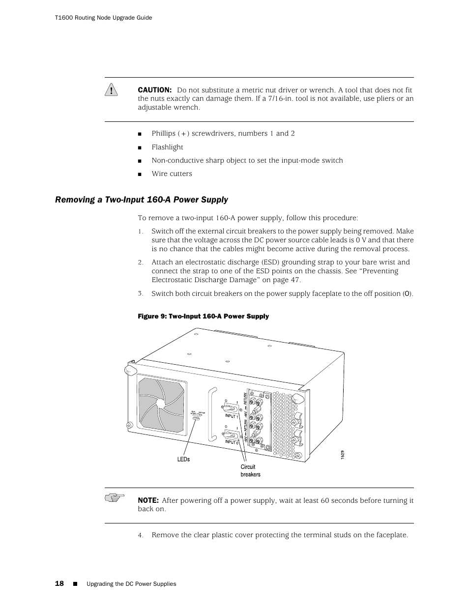 Removing a two-input 160-a power supply | Juniper Networks T1600 User Manual | Page 18 / 56