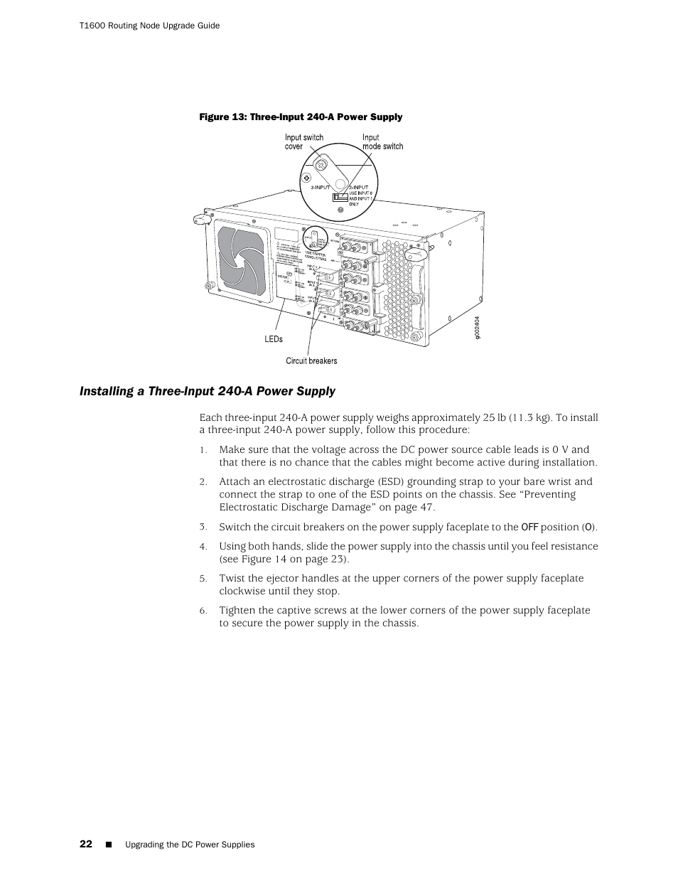 Installing a three-input 240-a power supply | Juniper Networks T1600 User Manual | Page 22 / 56