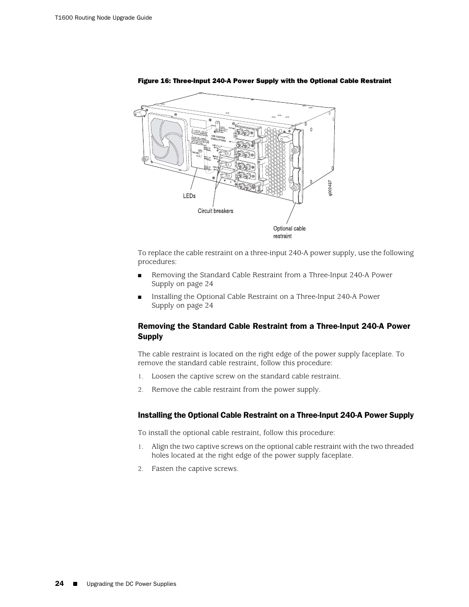 Power supply, Supply | Juniper Networks T1600 User Manual | Page 24 / 56