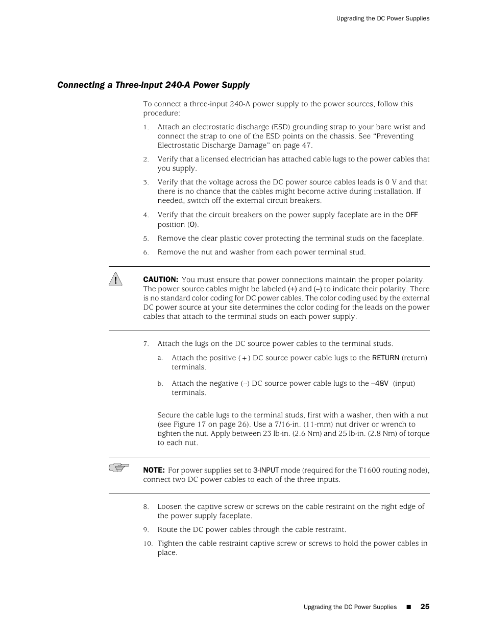 Connecting a three-input 240-a power supply | Juniper Networks T1600 User Manual | Page 25 / 56