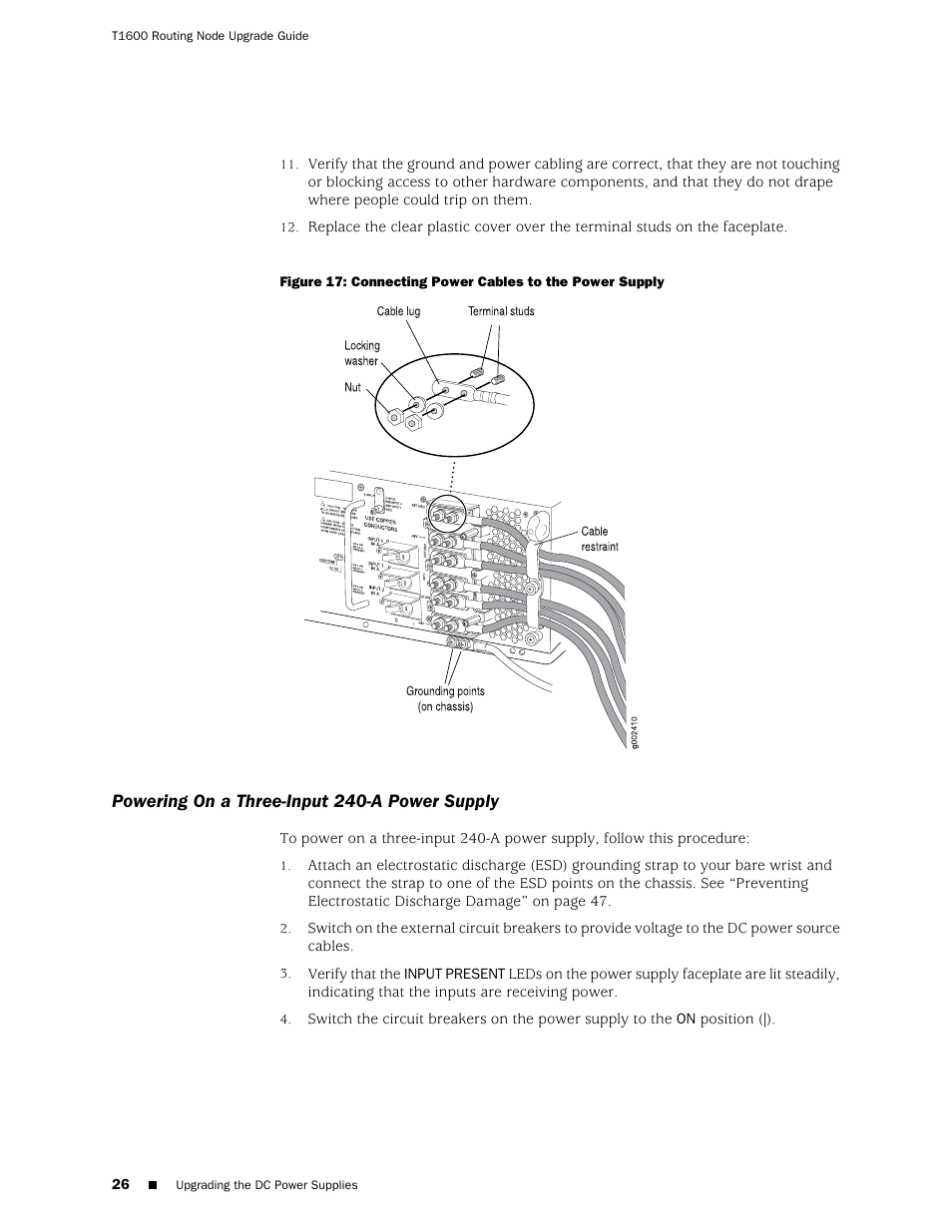 Powering on a three-input 240-a power supply | Juniper Networks T1600 User Manual | Page 26 / 56