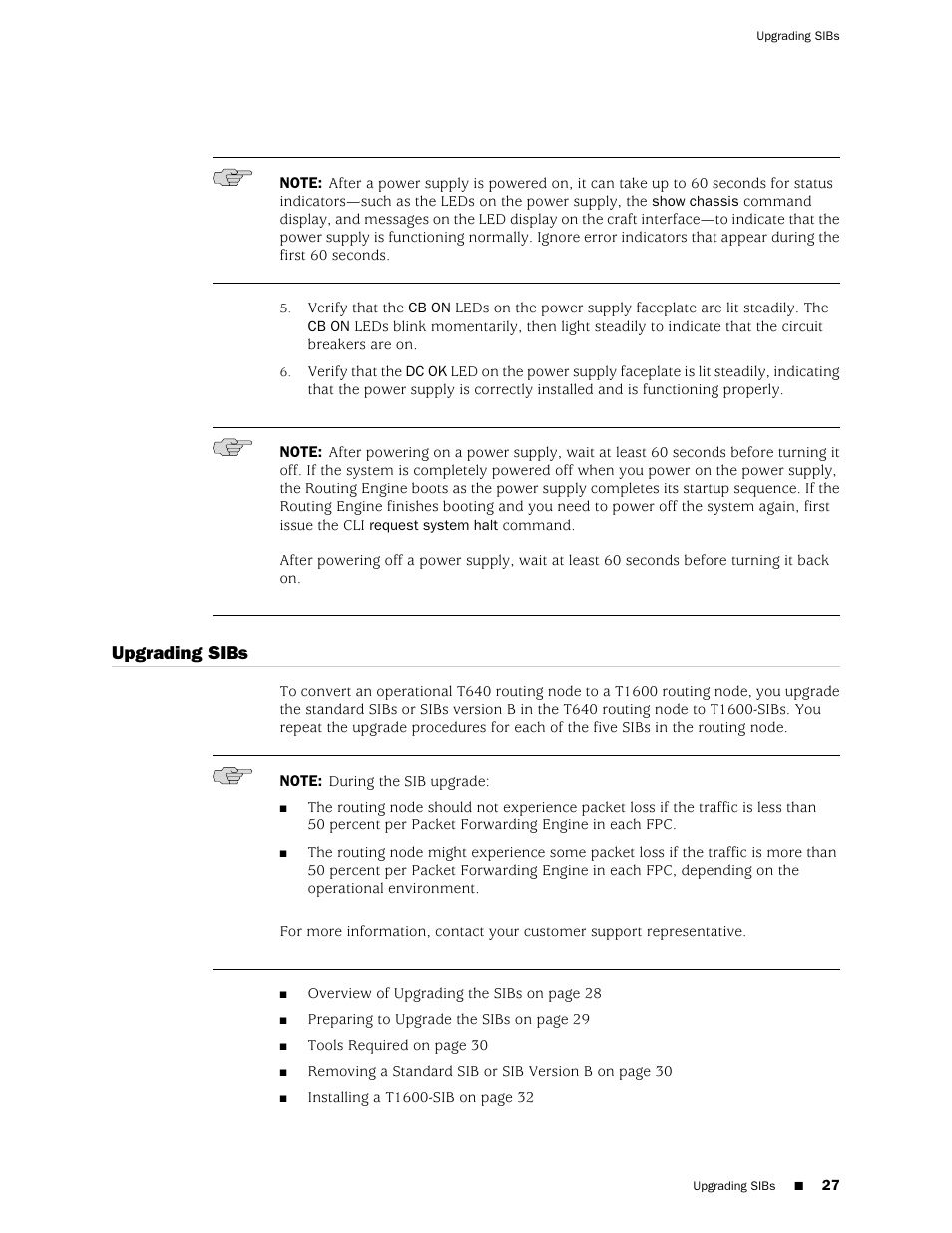 Upgrading sibs | Juniper Networks T1600 User Manual | Page 27 / 56