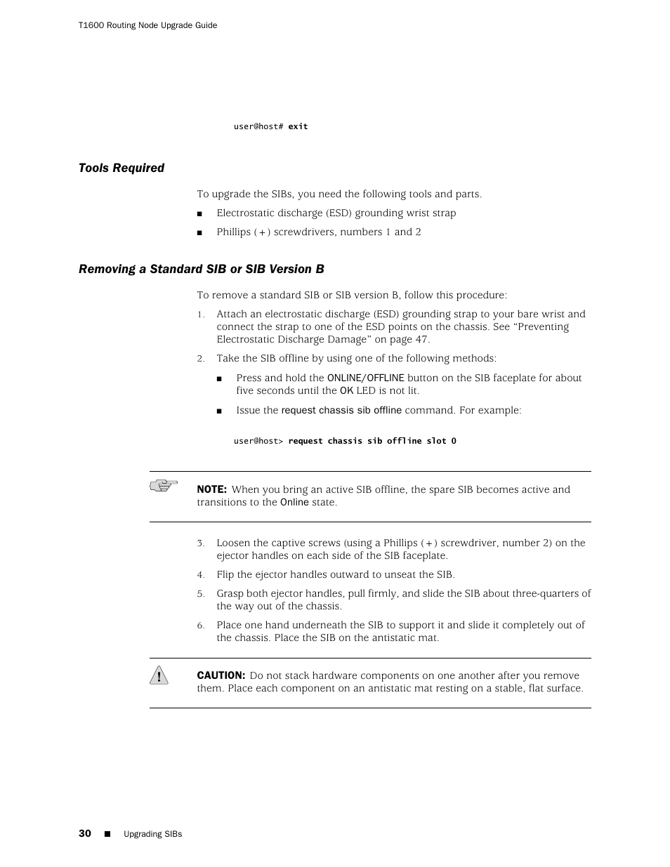 Tools required, Removing a standard sib or sib version b | Juniper Networks T1600 User Manual | Page 30 / 56