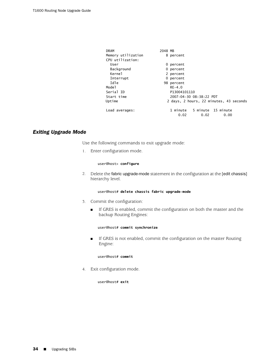 Exiting upgrade mode | Juniper Networks T1600 User Manual | Page 34 / 56