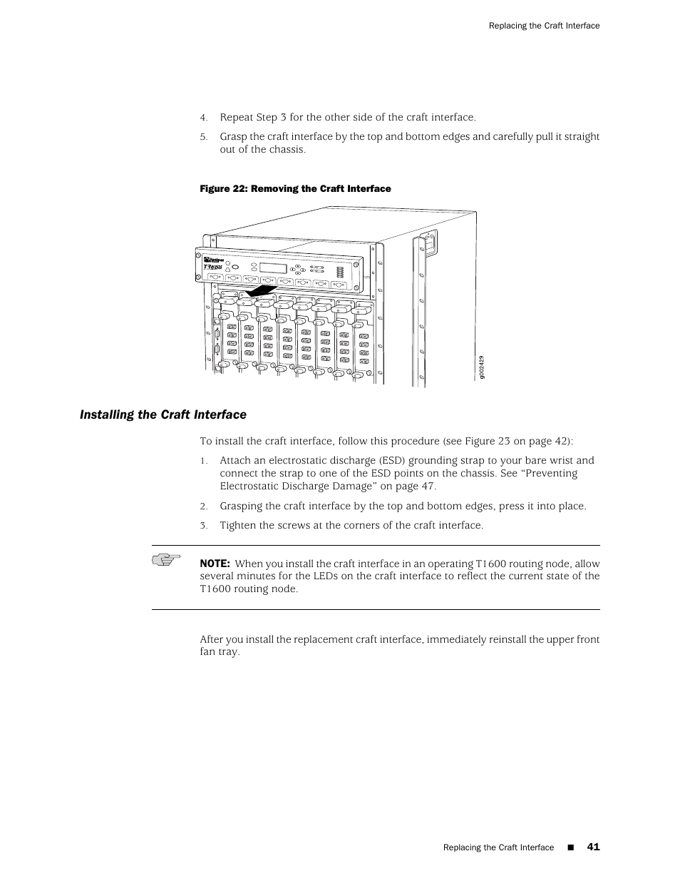 Installing the craft interface | Juniper Networks T1600 User Manual | Page 41 / 56