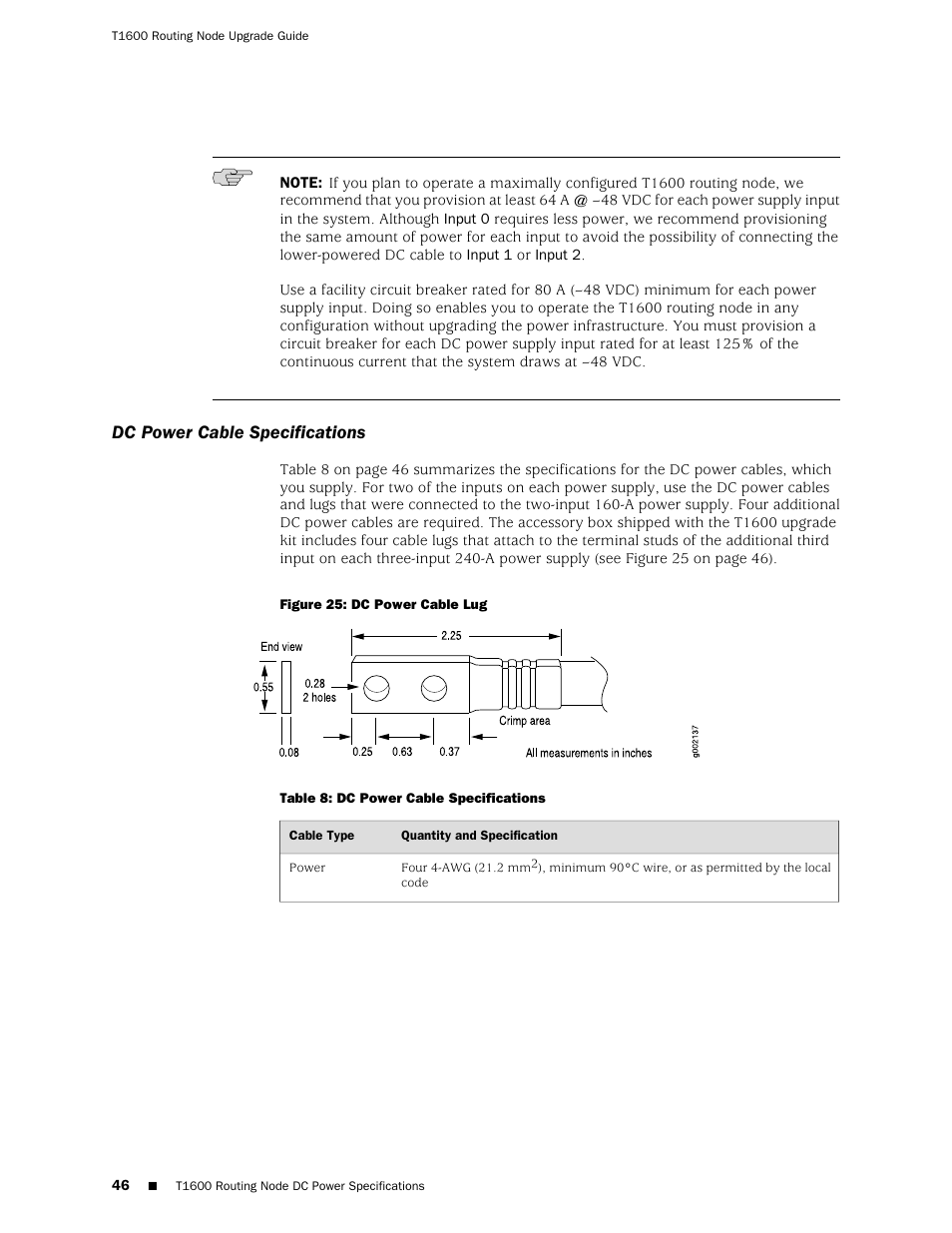 Dc power cable specifications | Juniper Networks T1600 User Manual | Page 46 / 56