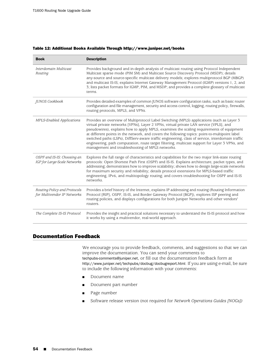 Documentation feedback | Juniper Networks T1600 User Manual | Page 54 / 56