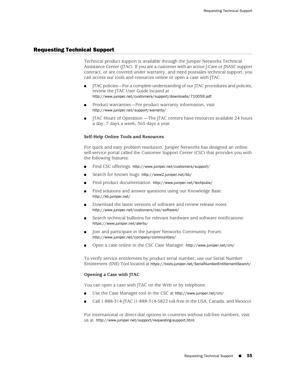 Requesting technical support | Juniper Networks T1600 User Manual | Page 55 / 56