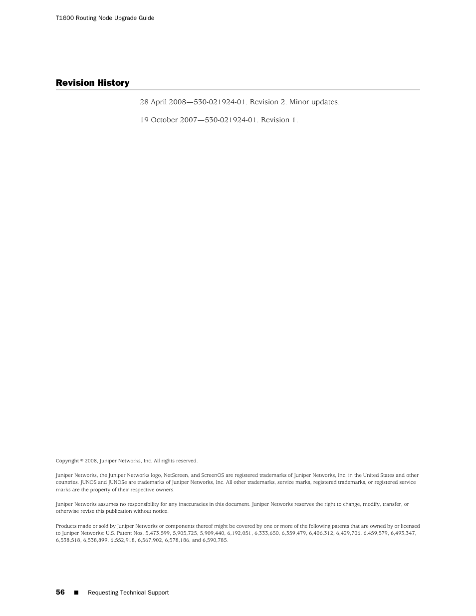 Revision history | Juniper Networks T1600 User Manual | Page 56 / 56