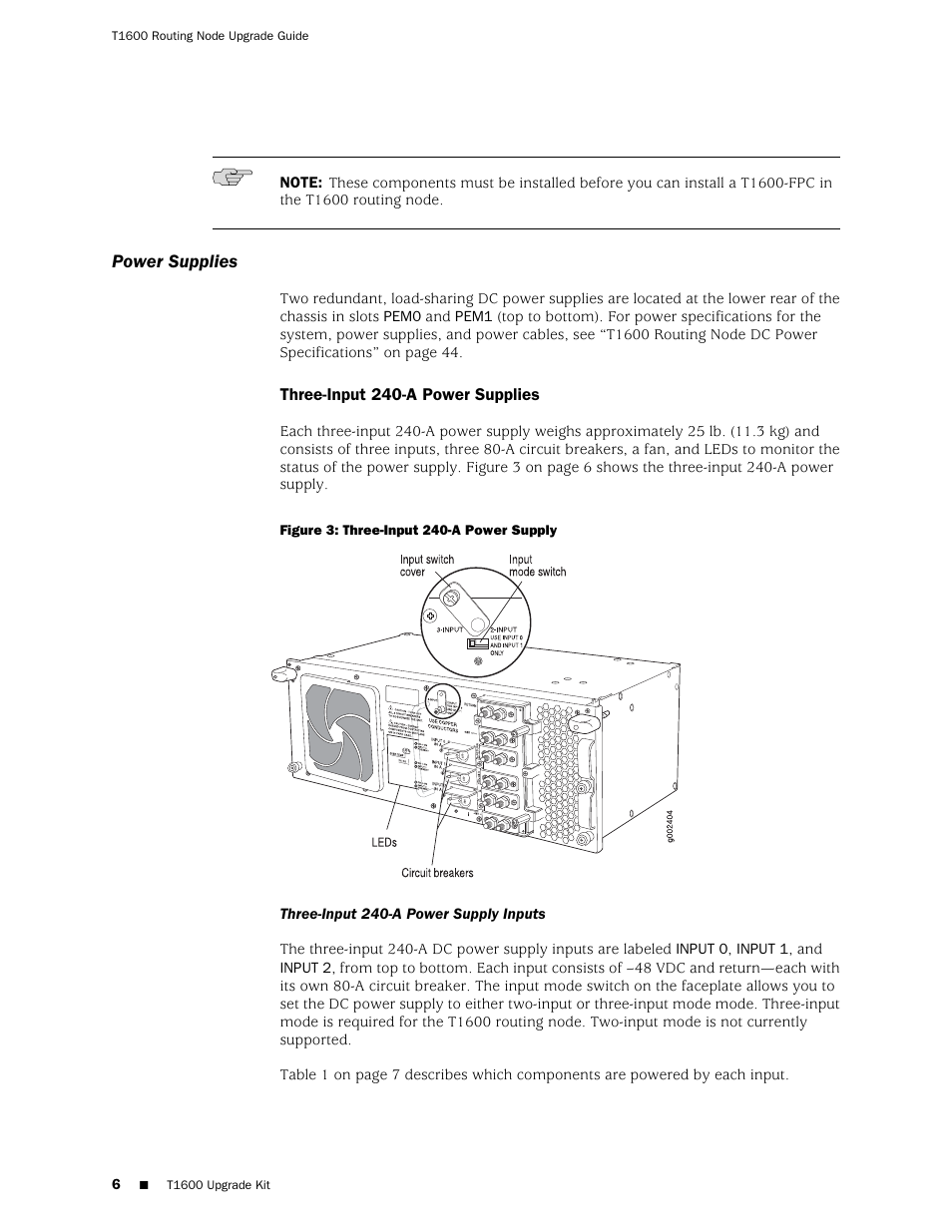 Power supplies, Three-input 240-a power supplies, Three-input 240-a power supply inputs | Juniper Networks T1600 User Manual | Page 6 / 56