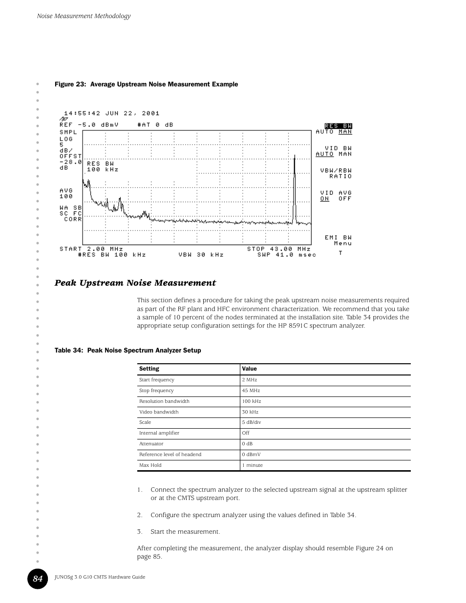 Peak upstream noise measurement, Table 34, Peak noise spectrum analyzer setup | Juniper Networks G10 CMTS User Manual | Page 100 / 210