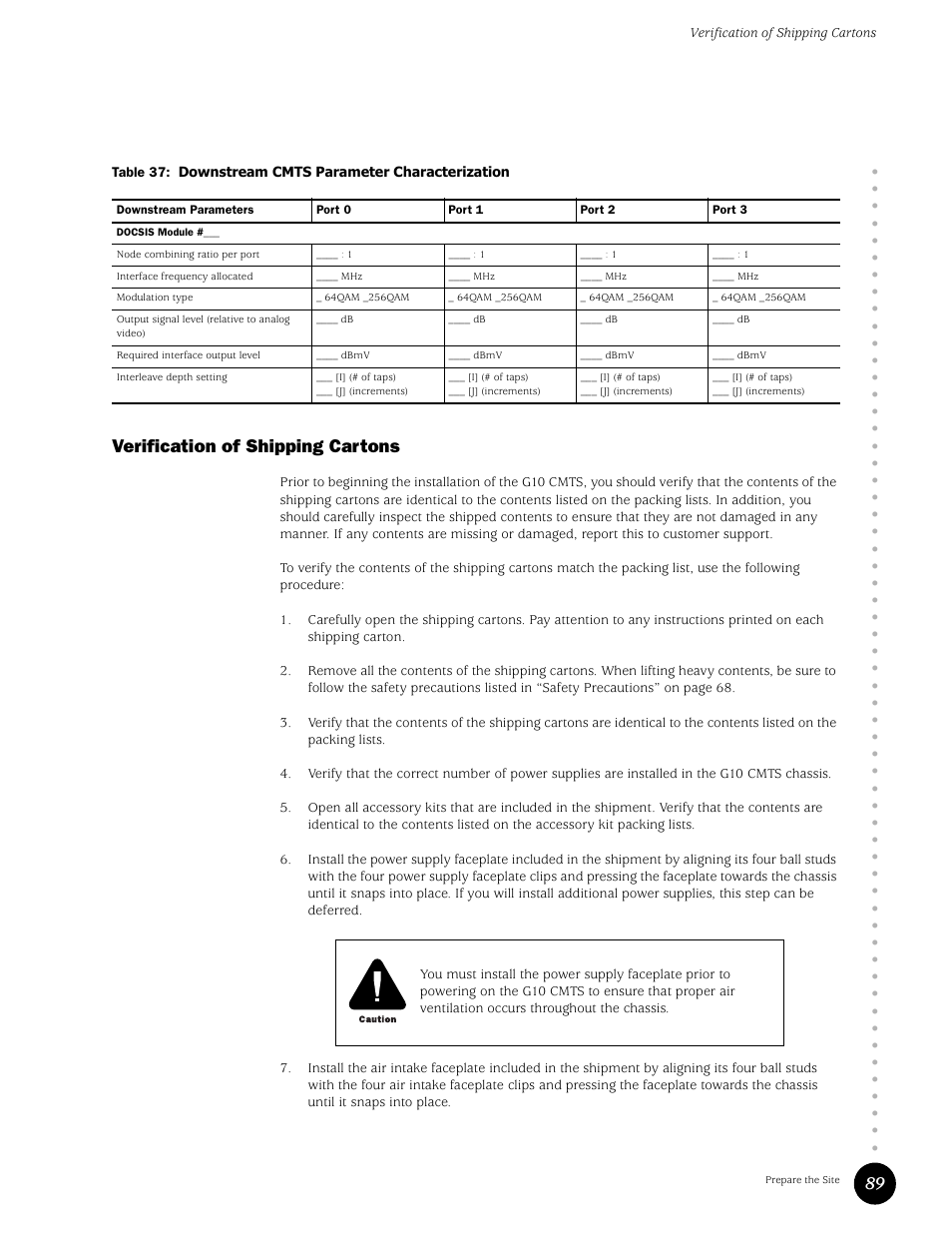 Verification of shipping cartons, Table 37, Downstream cmts parameter characterization | Juniper Networks G10 CMTS User Manual | Page 105 / 210