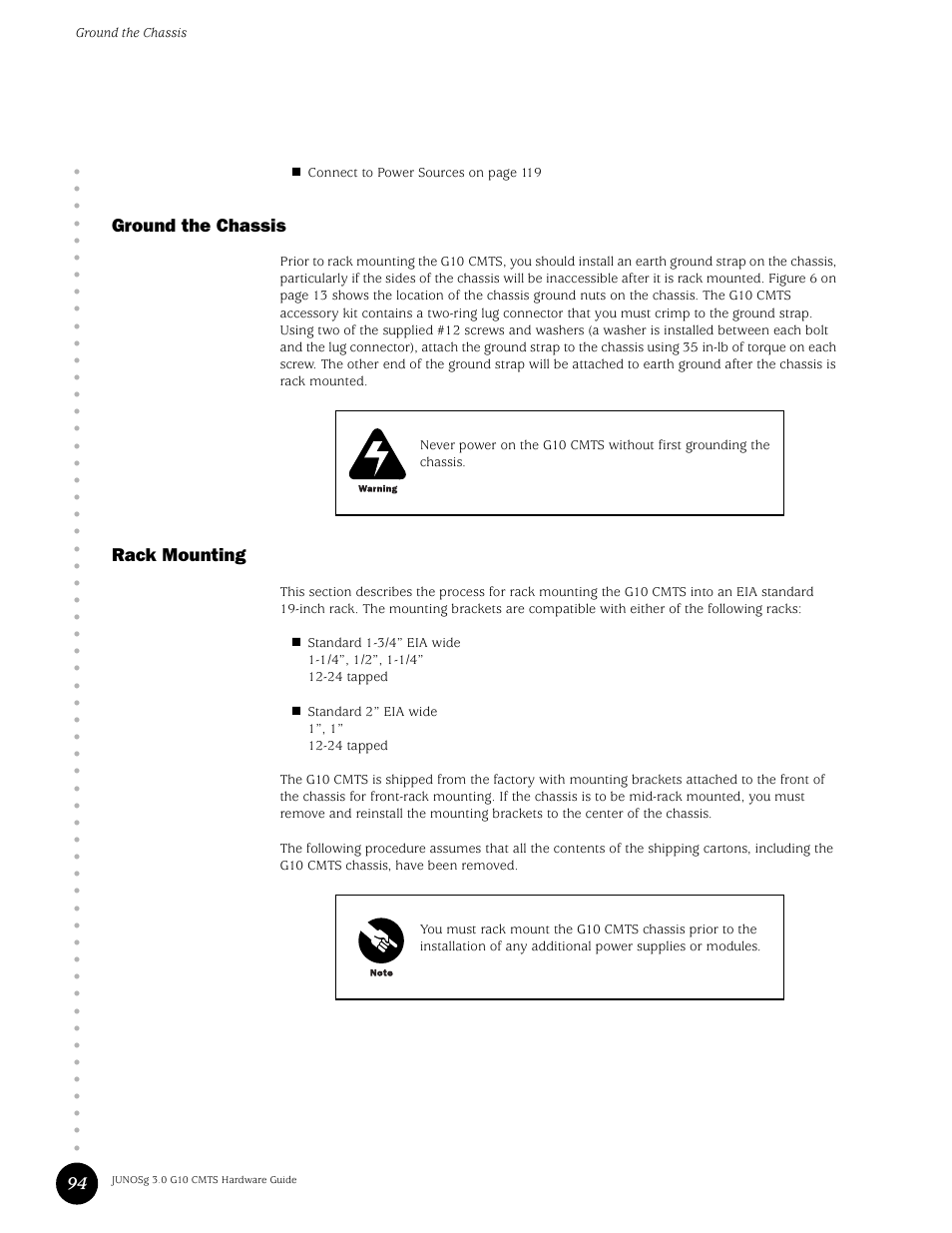 Ground the chassis, Rack mounting, Ground the chassis rack mounting | Juniper Networks G10 CMTS User Manual | Page 110 / 210