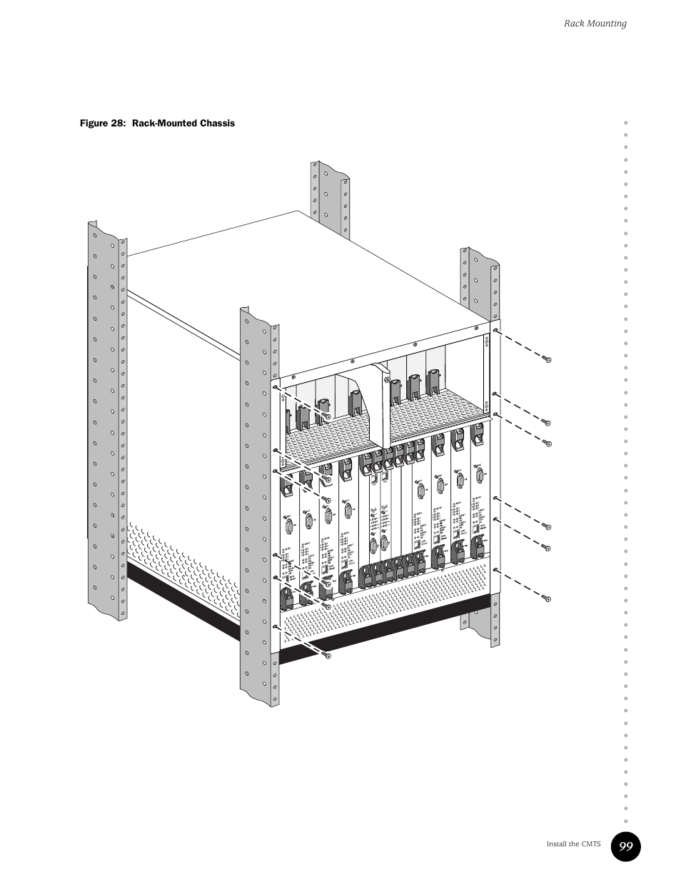 Figure 28: rack-mounted chassis, Rack mounting, Install the cmts | Juniper Networks G10 CMTS User Manual | Page 115 / 210