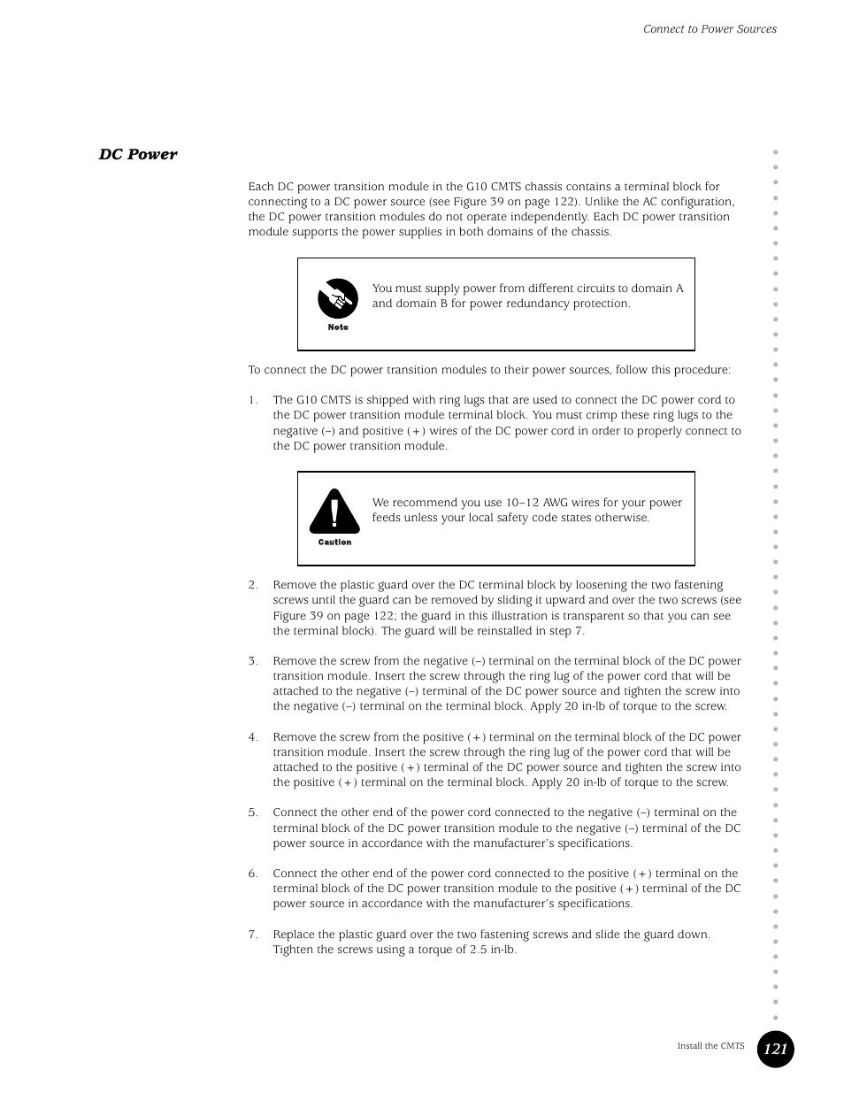 Dc power, 121 dc power | Juniper Networks G10 CMTS User Manual | Page 137 / 210