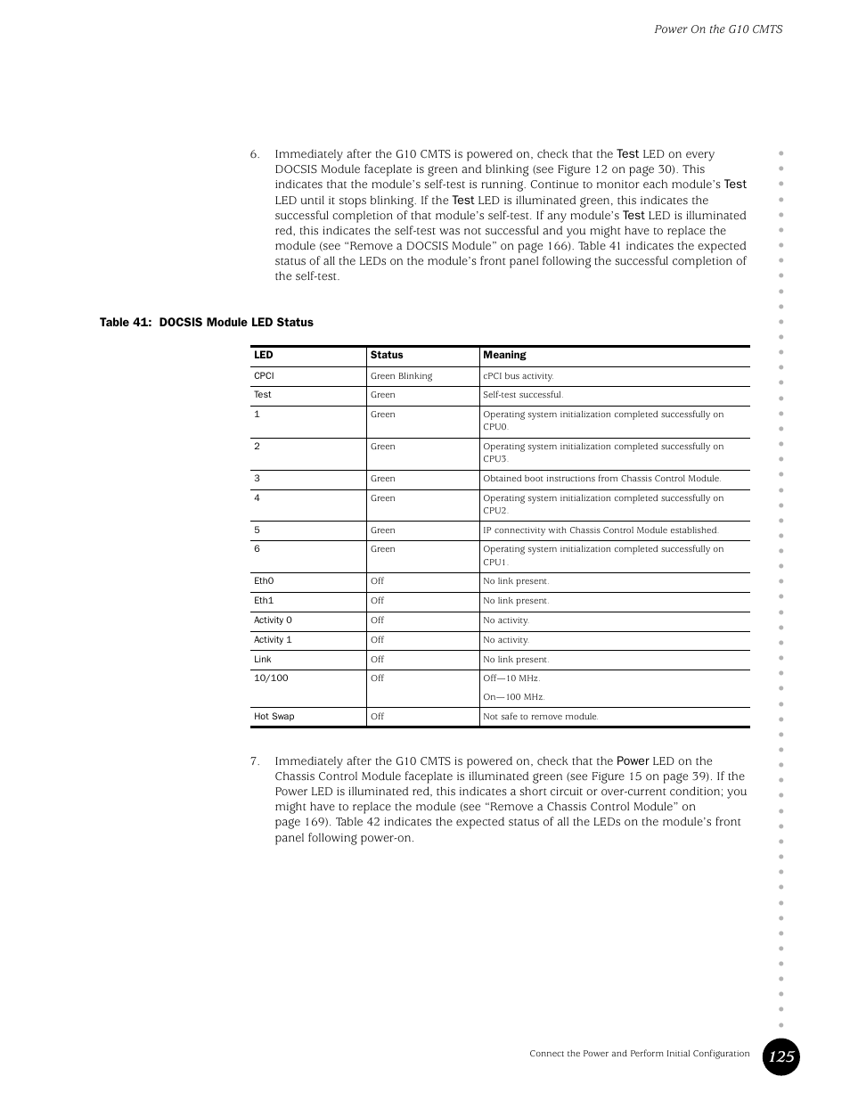 Table 41, Docsis module led status | Juniper Networks G10 CMTS User Manual | Page 141 / 210