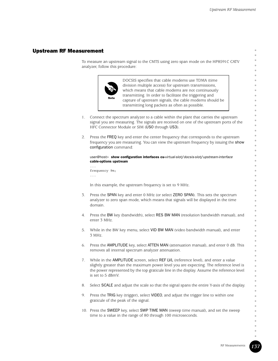 Upstream rf measurement, 137 upstream rf measurement | Juniper Networks G10 CMTS User Manual | Page 153 / 210