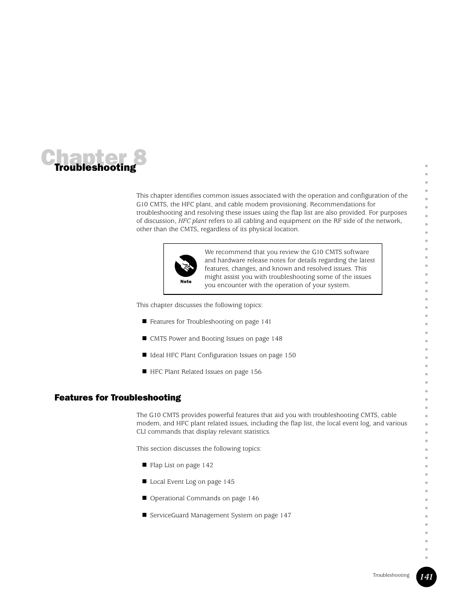 Troubleshooting, Features for troubleshooting, Chapter 8 | Juniper Networks G10 CMTS User Manual | Page 157 / 210