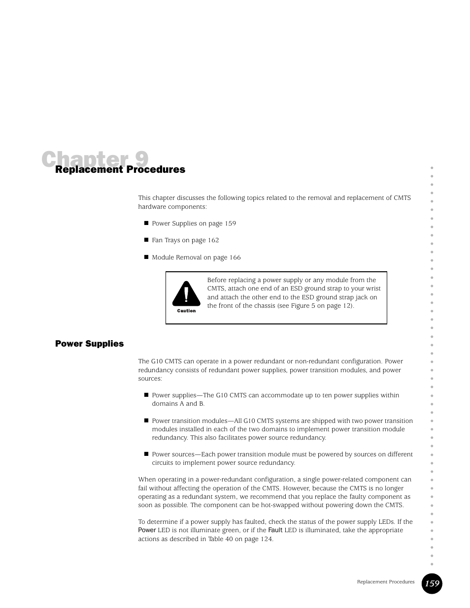 Replacement procedures, Power supplies, Chapter 9 | Juniper Networks G10 CMTS User Manual | Page 175 / 210