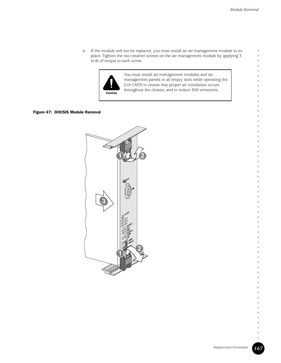 Figure 47: docsis module removal | Juniper Networks G10 CMTS User Manual | Page 183 / 210