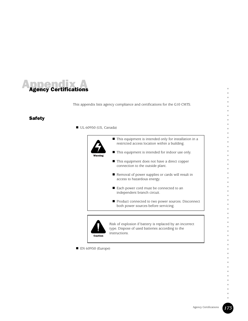Agency certifications, Safety, Appendix a | Juniper Networks G10 CMTS User Manual | Page 189 / 210