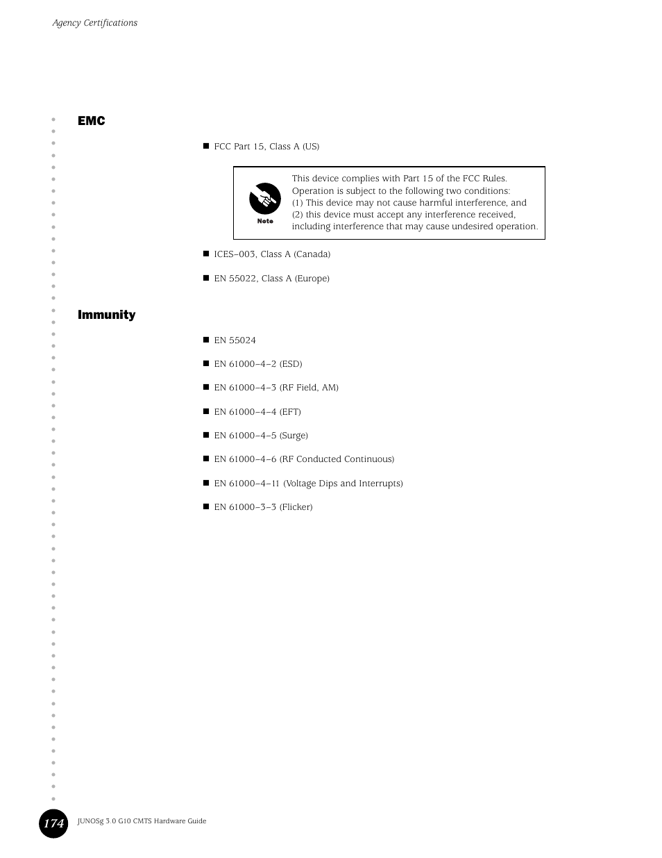 Immunity, Emc immunity, 174 emc | Juniper Networks G10 CMTS User Manual | Page 190 / 210