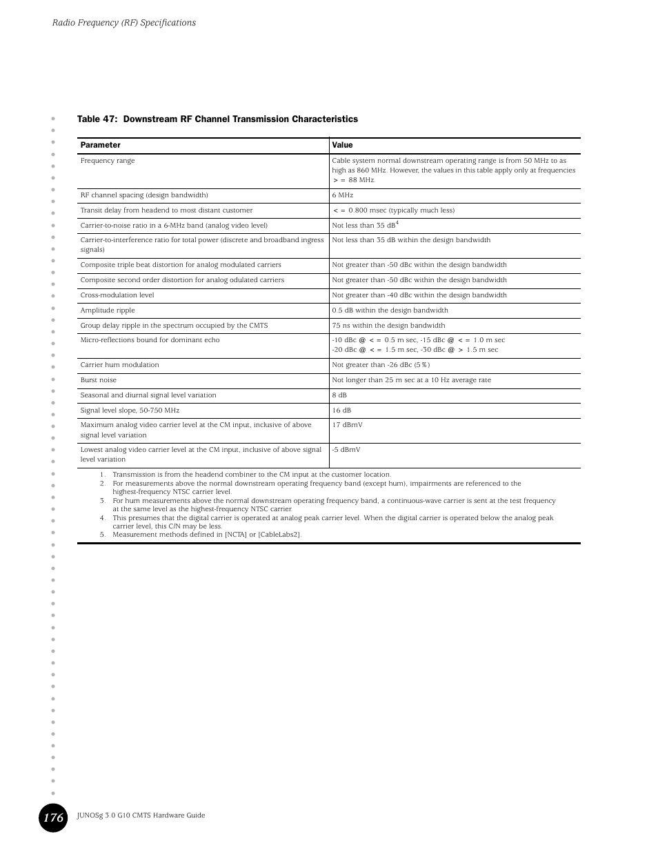 Table 47, Downstream rf channel transmission characteristics, Table 47 t | Radio frequency (rf) specifications | Juniper Networks G10 CMTS User Manual | Page 192 / 210