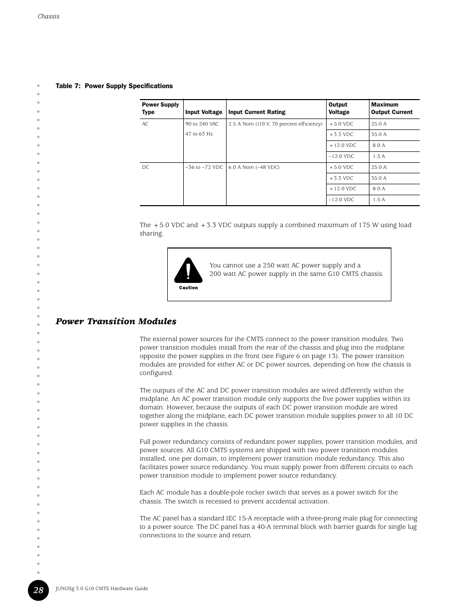 Power transition modules, Table 7, Power supply specifications | Juniper Networks G10 CMTS User Manual | Page 44 / 210