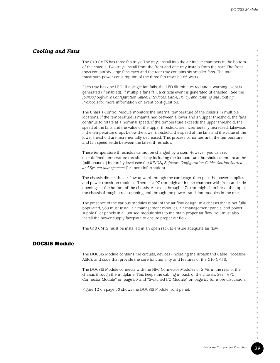 Cooling and fans, Docsis module, 29 cooling and fans | Juniper Networks G10 CMTS User Manual | Page 45 / 210