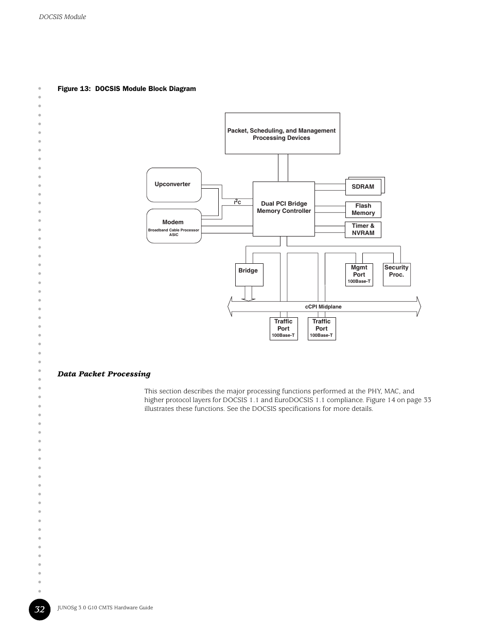 Data packet processing, Figure 13: docsis module block diagram | Juniper Networks G10 CMTS User Manual | Page 48 / 210