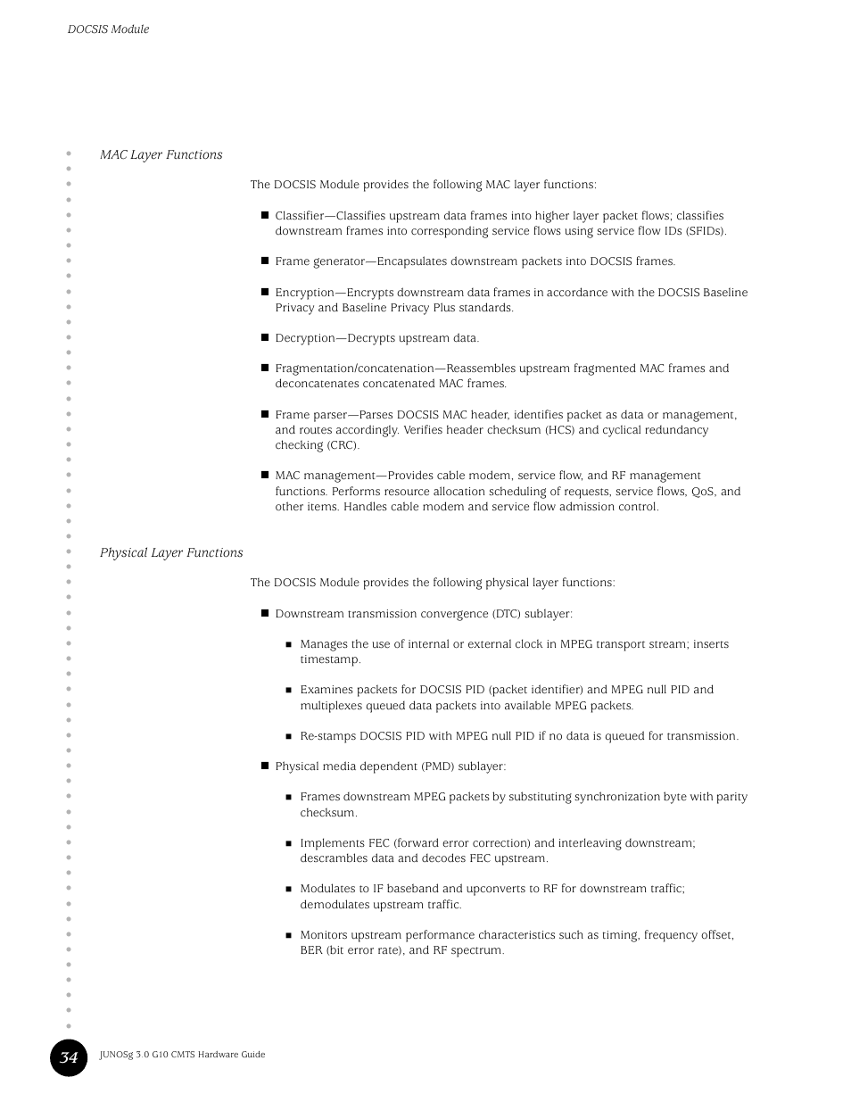 Mac layer functions, Physical layer functions, Mac layer functions physical layer functions | Juniper Networks G10 CMTS User Manual | Page 50 / 210