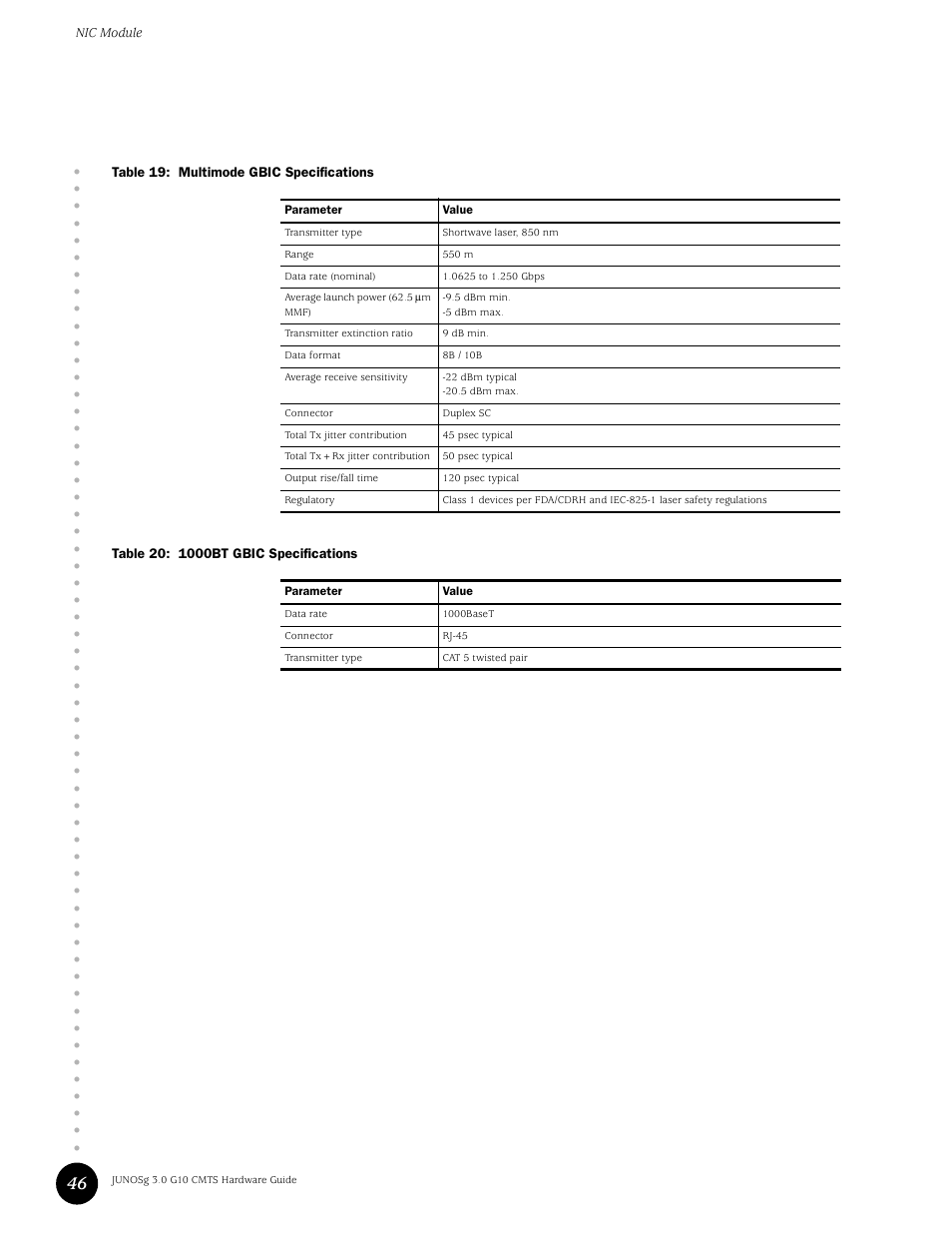 Table 19, Multimode gbic specifications, Table 20 | 1000bt gbic specifications | Juniper Networks G10 CMTS User Manual | Page 62 / 210