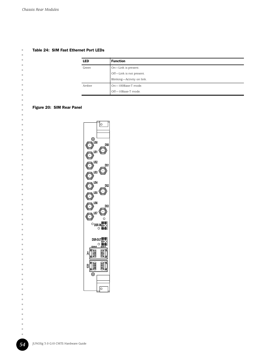 Figure 20: sim rear panel, Table 24, Sim fast ethernet port leds | Table 24 s | Juniper Networks G10 CMTS User Manual | Page 70 / 210