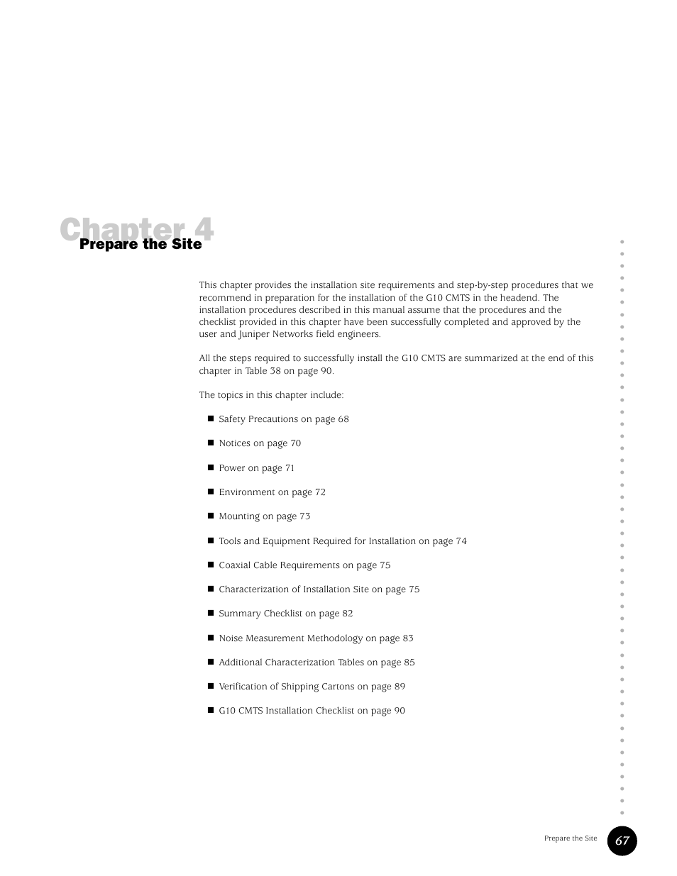 Prepare the site, Chapter 4 | Juniper Networks G10 CMTS User Manual | Page 83 / 210