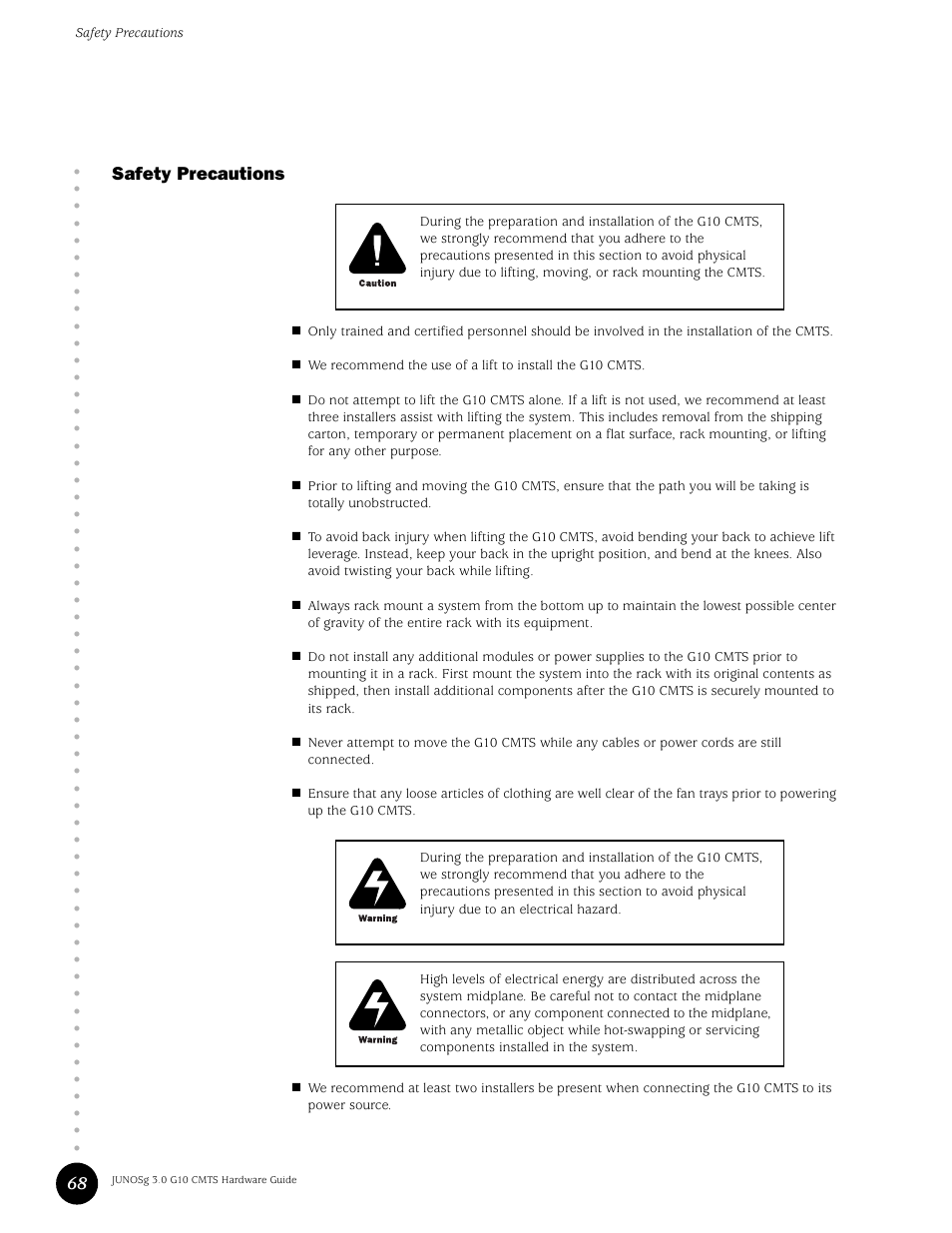 Safety precautions, 68 safety precautions | Juniper Networks G10 CMTS User Manual | Page 84 / 210