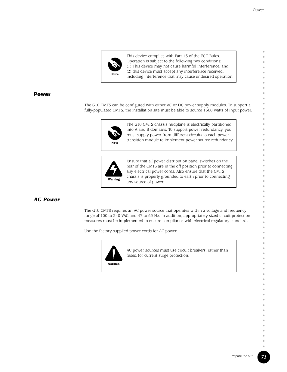 Power, Ac power | Juniper Networks G10 CMTS User Manual | Page 87 / 210