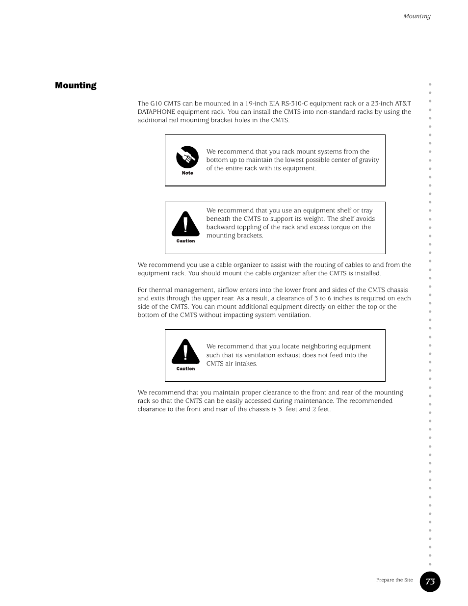 Mounting, 73 mounting | Juniper Networks G10 CMTS User Manual | Page 89 / 210