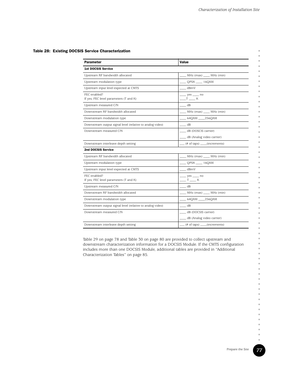 Table 28, Existing docsis service characterization, Characterization of installation site | Juniper Networks G10 CMTS User Manual | Page 93 / 210