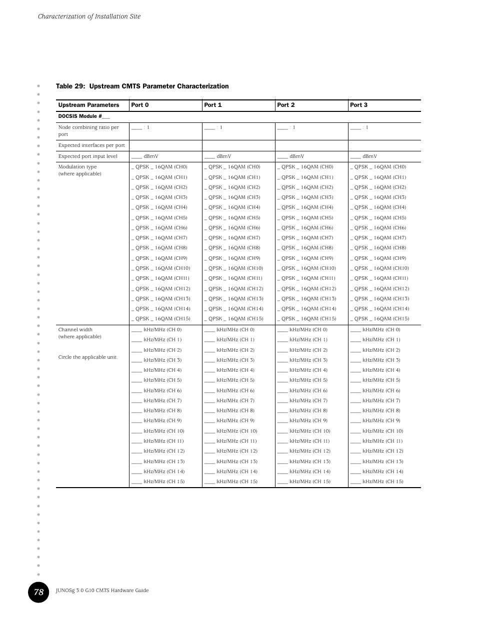 Table 29, Upstream cmts parameter characterization, Characterization of installation site | Table 29: upstream cmts parameter characterization | Juniper Networks G10 CMTS User Manual | Page 94 / 210