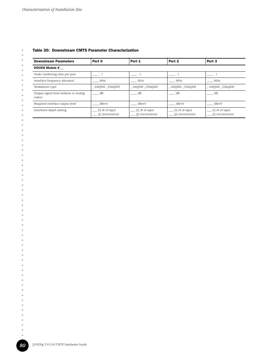 Table 30, Downstream cmts parameter characterization | Juniper Networks G10 CMTS User Manual | Page 96 / 210